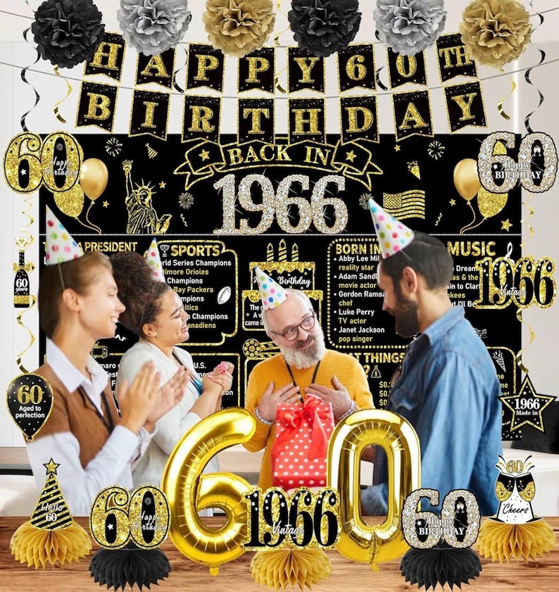 60th Birthday Decorations for Men Women, 21pcs the Year 1966 Banner Balloon Party Supplies, Black Gold 60 Year Old Birthday Backdrop
