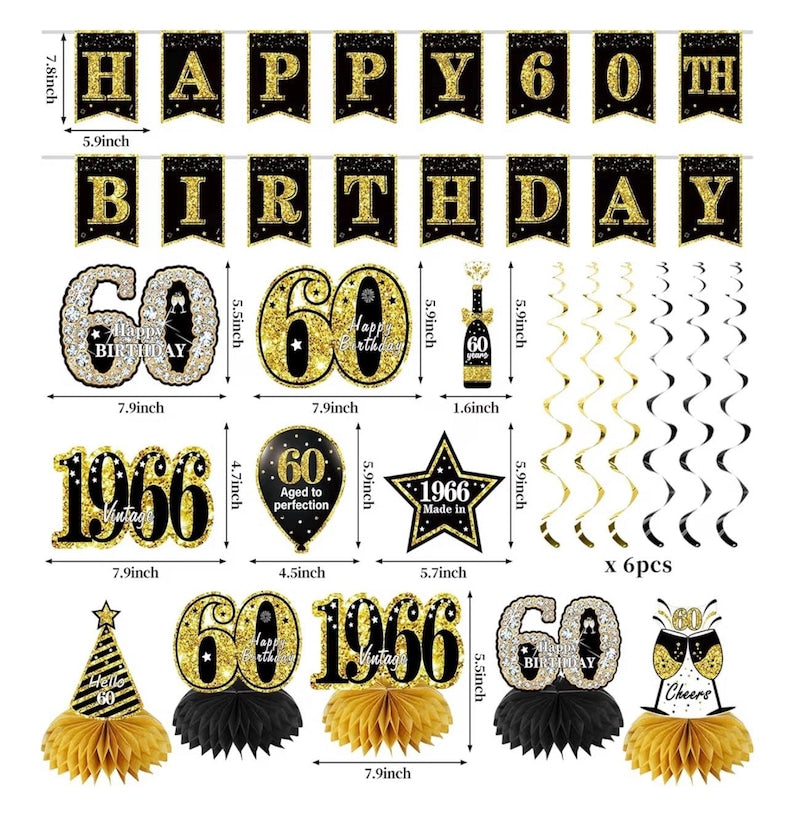 60th Birthday Decorations for Men Women, 21pcs the Year 1966 Banner Balloon Party Supplies, Black Gold 60 Year Old Birthday Backdrop