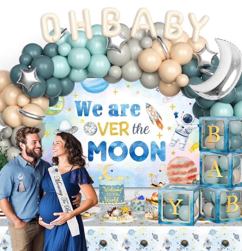 Over The Moon Baby Shower Decorations, Moon and Stars Baby Shower Decor, Space Astronaut Themed Party Supplies Backdrop Balloon 124 PCs
