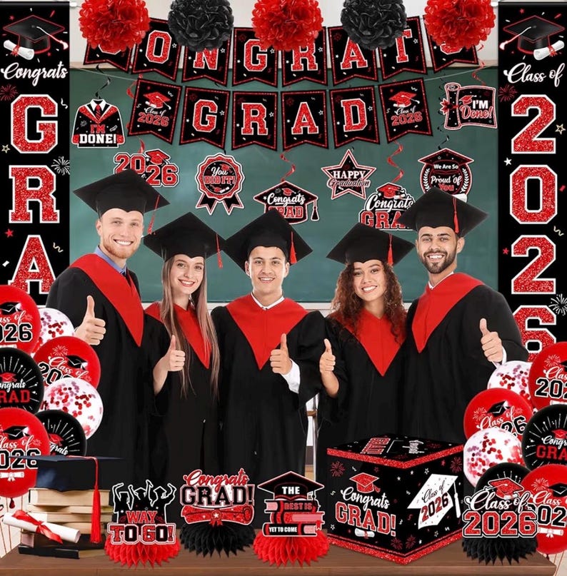 Graduation Decorations Class of 2026,Red Graduation Party Supplies- Congrats Grad Decorations Banner ＆ Hanging Swirls,Graduation Card Box