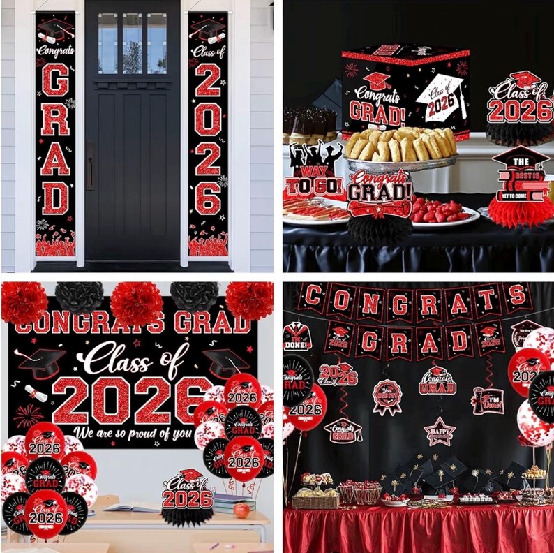 Graduation Decorations Class of 2026,Red Graduation Party Supplies- Congrats Grad Decorations Banner ＆ Hanging Swirls,Graduation Card Box