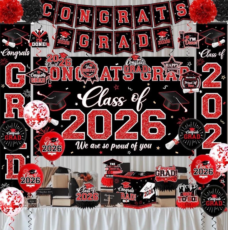 Graduation Decorations Class of 2026,Red Graduation Party Supplies- Congrats Grad Decorations Banner ＆ Hanging Swirls,Graduation Card Box
