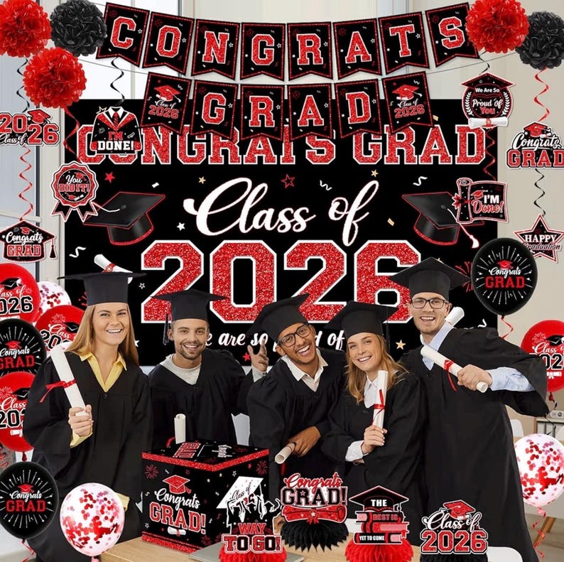 Graduation Decorations Class of 2026,Red Graduation Party Supplies- Congrats Grad Decorations Banner ＆ Hanging Swirls,Graduation Card Box