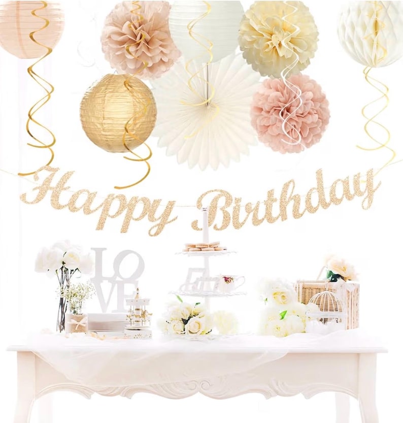 Champagne-Gold Beige Fall Boho Birthday Party-Decorations - 21pcs Autumn Neutral Retro Happy Banner,One Sweet Peach Paper Streamers Lanterns