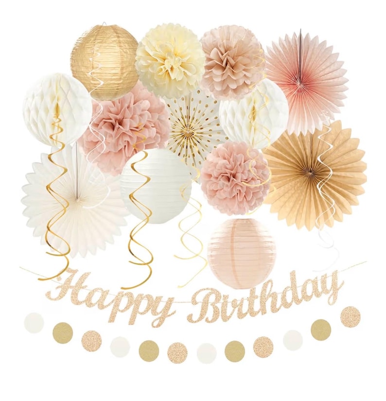Champagne-Gold Beige Fall Boho Birthday Party-Decorations - 21pcs Autumn Neutral Retro Happy Banner,One Sweet Peach Paper Streamers Lanterns
