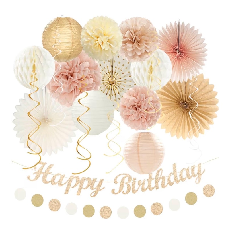 Champagne-Gold Beige Fall Boho Birthday Party-Decorations - 21pcs Autumn Neutral Retro Happy Banner,One Sweet Peach Paper Streamers Lanterns