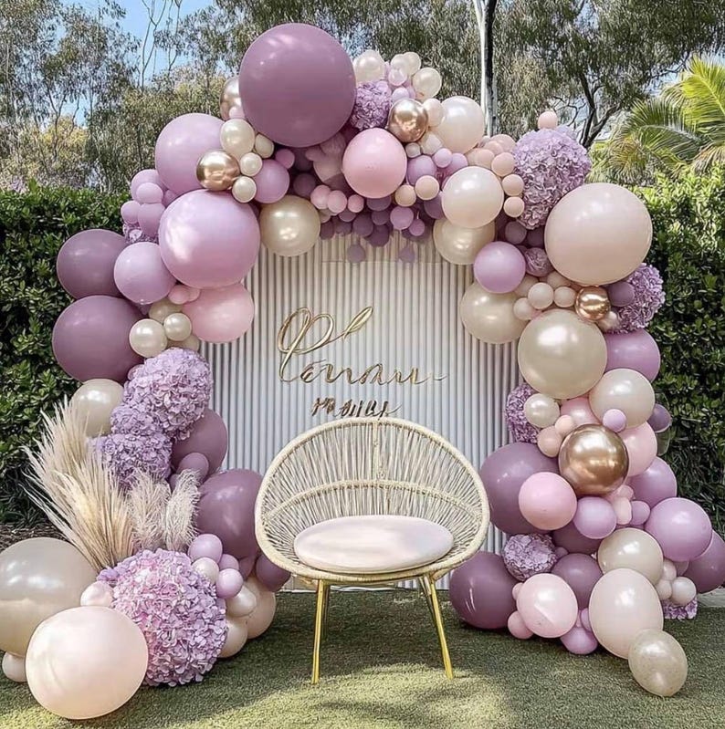 Dusty Purple Pink Balloon Arch Kit, Double Stuffed Lavender White Sand Pearl Balloon Garland with Pastel Pink Lilac Blush Gold Latex