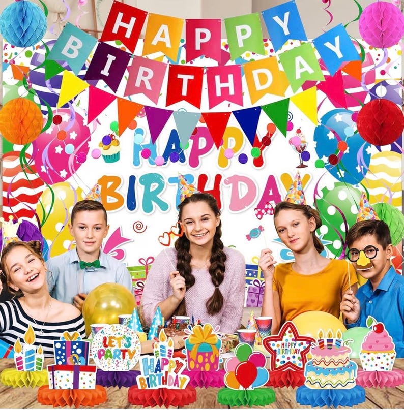 Birthday Decorations Kit, Happy Birthday Party Banner, Honeycomb Balls, Metallic Hanging Swirls, Circle Garland, Colorful Party Decorations