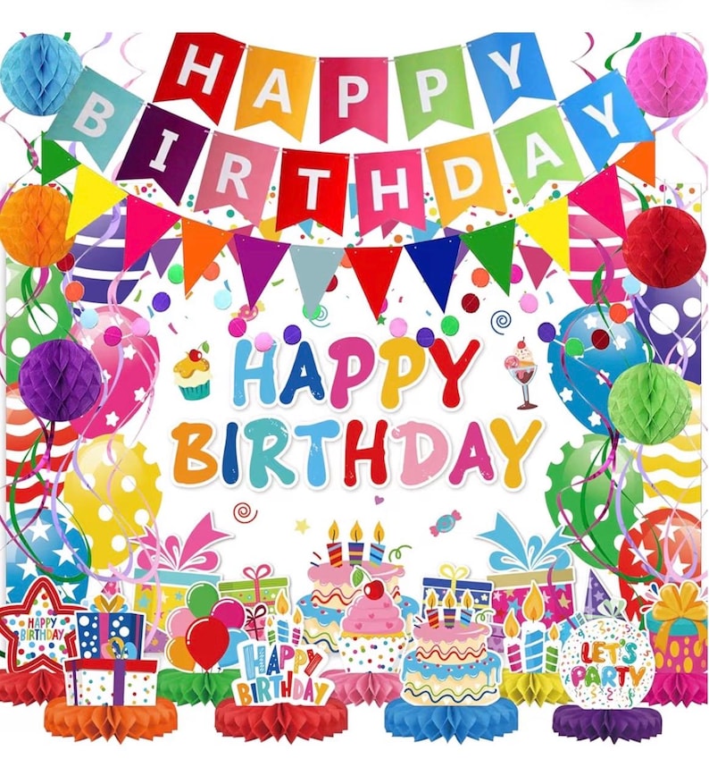 Birthday Decorations Kit, Happy Birthday Party Banner, Honeycomb Balls, Metallic Hanging Swirls, Circle Garland, Colorful Party Decorations
