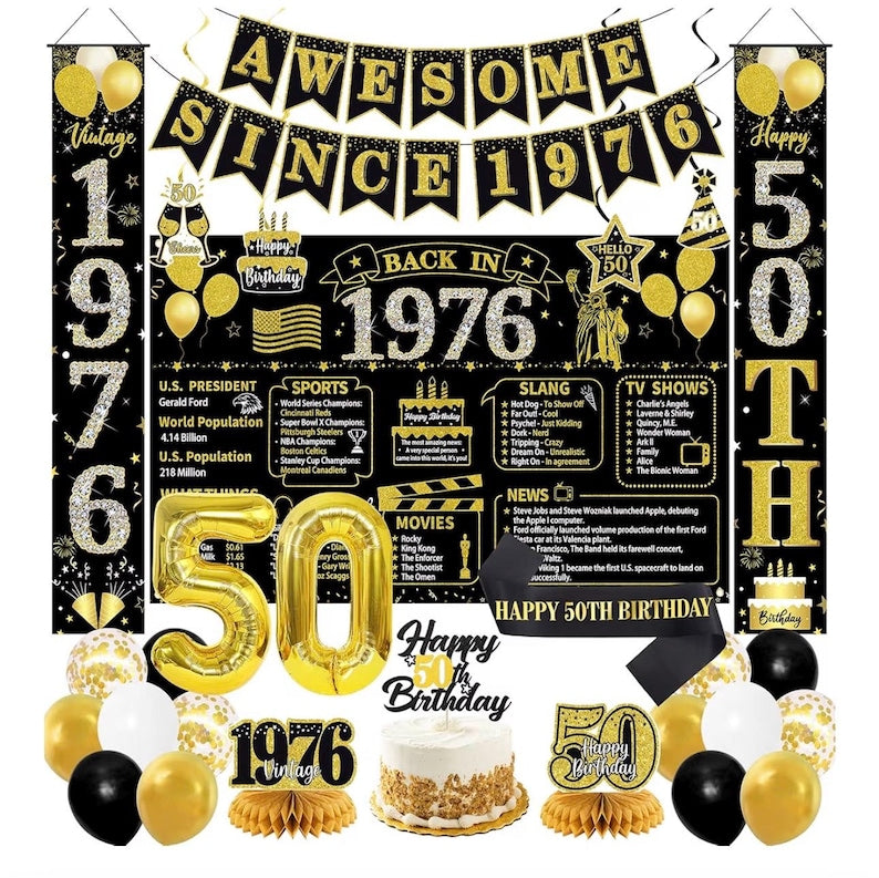 50th Birthday Decorations Men Women, Black Gold Back in 1976 Poster Backdrop Balloons Hanging Swirls, Happy 50th Birthday Sash Door Banners