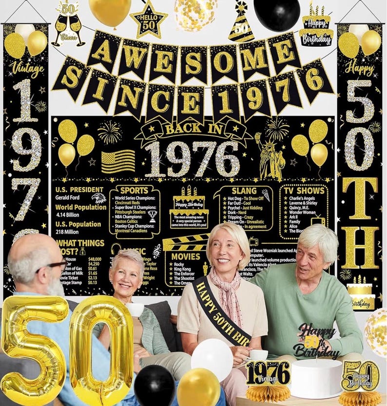 50th Birthday Decorations Men Women, Black Gold Back in 1976 Poster Backdrop Balloons Hanging Swirls, Happy 50th Birthday Sash Door Banners
