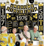 50th Birthday Decorations Men Women, Black Gold Back in 1976 Poster Backdrop Balloons Hanging Swirls, Happy 50th Birthday Sash Door Banners