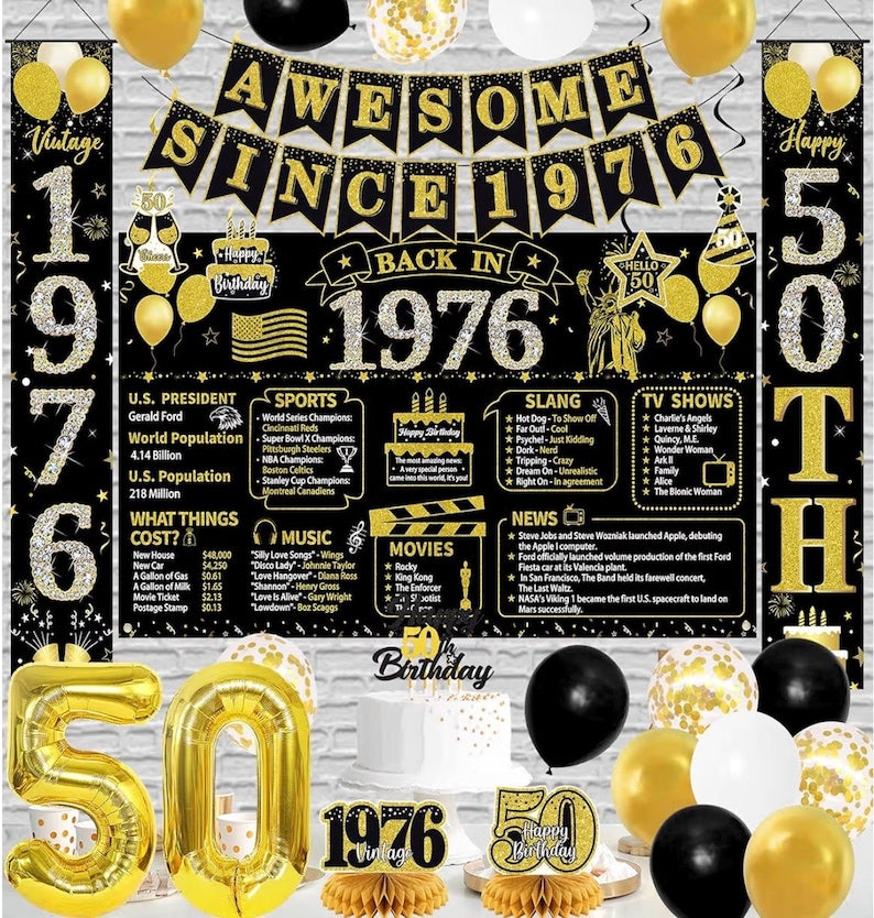 50th Birthday Decorations Men Women, Black Gold Back in 1976 Poster Backdrop Balloons Hanging Swirls, Happy 50th Birthday Sash Door Banners
