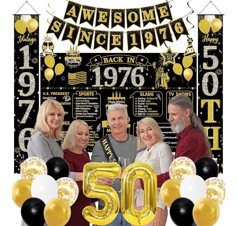 50th Birthday Decorations Men Women, Black Gold Back in 1976 Poster Backdrop Balloons Hanging Swirls, Happy 50th Birthday Sash Door Banners