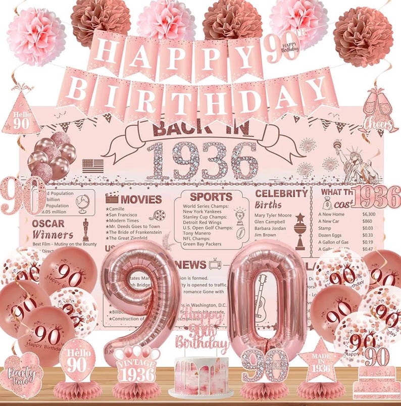 90th Birthday Party Decorations for Women, Rose Gold Back in 1936 Banner, Rose Gold 90 Number Balloons & Cake Topper, Vintage 1936 90 Bday