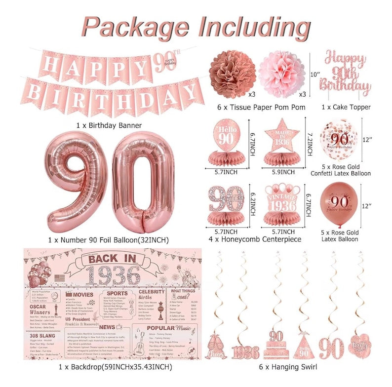 90th Birthday Party Decorations for Women, Rose Gold Back in 1936 Banner, Rose Gold 90 Number Balloons & Cake Topper, Vintage 1936 90 Bday