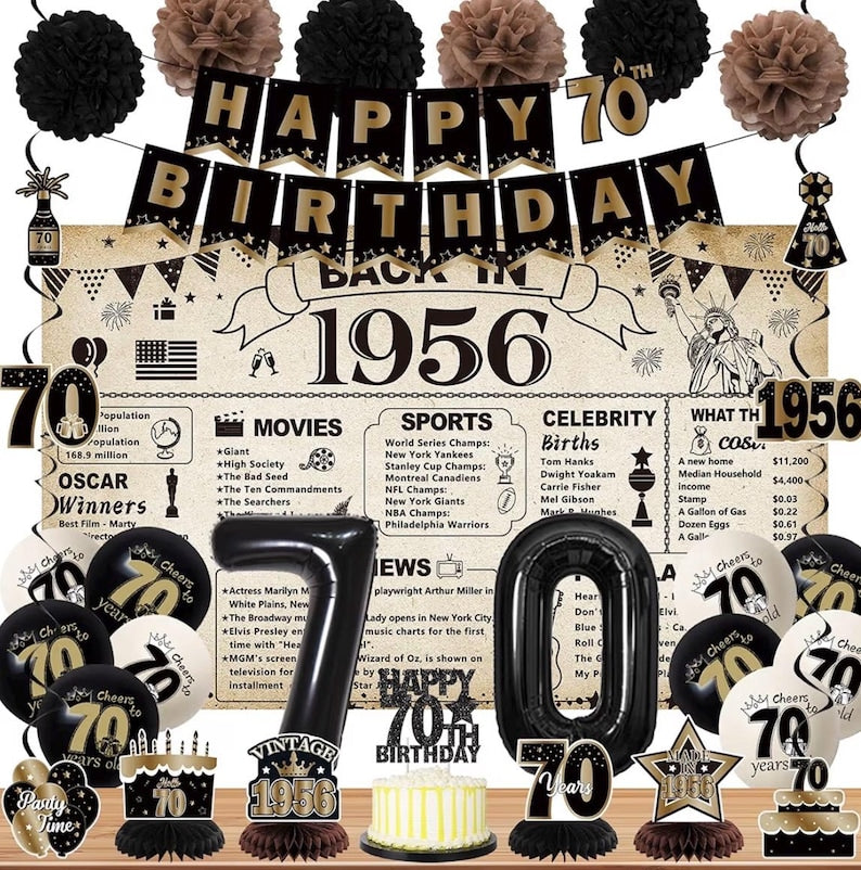 70th Birthday Party Decorations for Men Women, Vintage Back in 1955 Banner, Black 70 Number Balloons & Cake Topper, Vintage 1955 70 Birthday