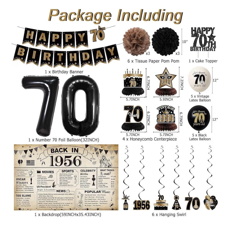 70th Birthday Party Decorations for Men Women, Vintage Back in 1955 Banner, Black 70 Number Balloons & Cake Topper, Vintage 1955 70 Birthday