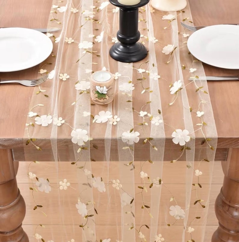 Beige Spring Summer Table Runner 10ft Embroidery Floral Wildflowers Seasonal Rustic Gauze Runner for Baby Shower Wedding Party Holiday Home