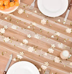 Beige Spring Summer Table Runner 10ft Embroidery Floral Wildflowers Seasonal Rustic Gauze Runner for Baby Shower Wedding Party Holiday Home
