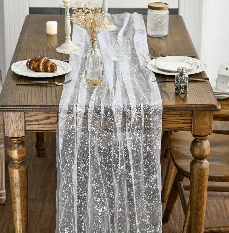 White Silver Gauze Table Runner 120 Inch 10FT, Glitter Metallic Foil Sheer Dining Holiday Wedding Anniversary Birthday Table Decor for Home