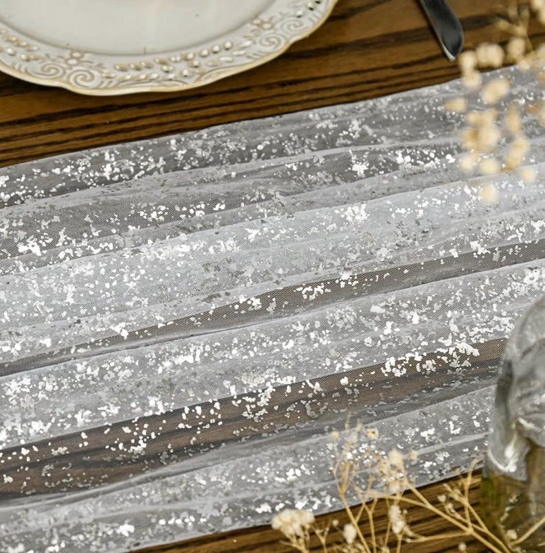 White Silver Gauze Table Runner 120 Inch 10FT, Glitter Metallic Foil Sheer Dining Holiday Wedding Anniversary Birthday Table Decor for Home