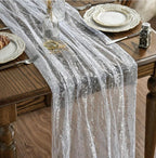 White Silver Gauze Table Runner 120 Inch 10FT, Glitter Metallic Foil Sheer Dining Holiday Wedding Anniversary Birthday Table Decor for Home