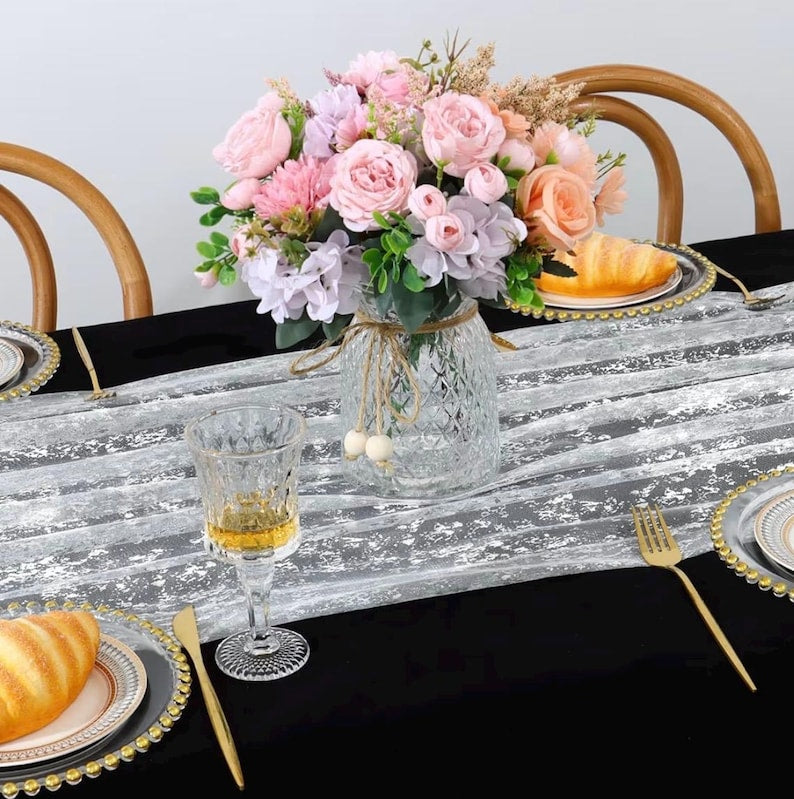 White Silver Gauze Table Runner 120 Inch 10FT, Glitter Metallic Foil Sheer Dining Holiday Wedding Anniversary Birthday Table Decor for Home