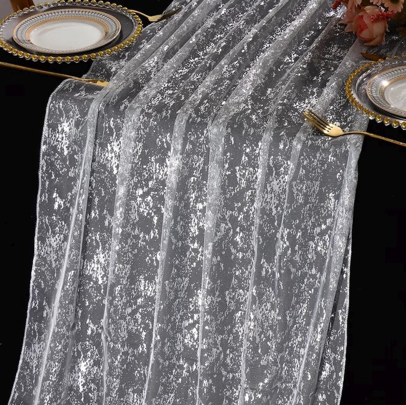 White Silver Gauze Table Runner 120 Inch 10FT, Glitter Metallic Foil Sheer Dining Holiday Wedding Anniversary Birthday Table Decor for Home