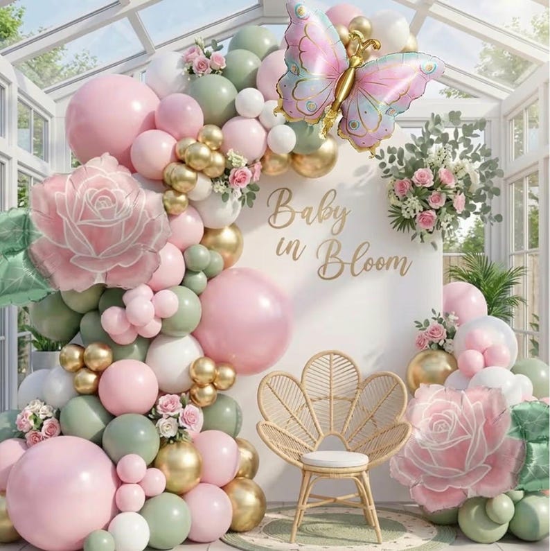 Spring Flower Balloon Garland Kit with Green Pink gold balloons Flower & Butterfly Foil Balloons for Baby in Bloom Decorations Butterfly