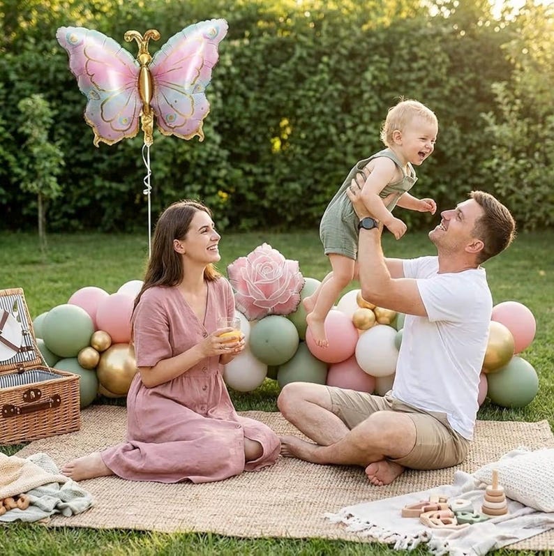 Spring Flower Balloon Garland Kit with Green Pink gold balloons Flower & Butterfly Foil Balloons for Baby in Bloom Decorations Butterfly