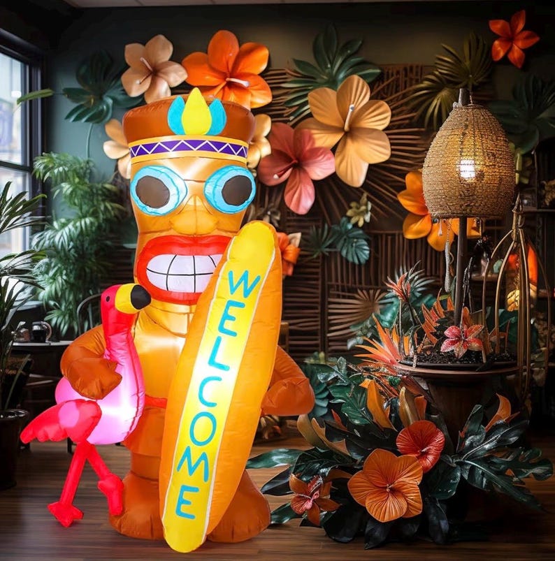 5 ft Inflatable Tiki Flamingo Surfboard Luau Hawaiian Party Decorations Summer Inflatables Outdoor LED Lighted Tiki Blow up Beach Tropical