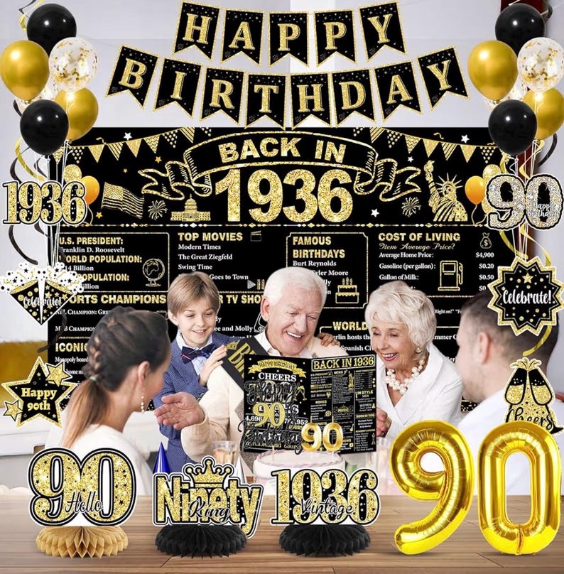 90th Birthday Decorations for Men, Black Gold Back in 1936 Party Supplies Kit with Banner, Backdrop, Sash, Balloons, Cake Topper & Honeycomb