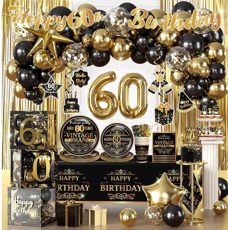 266pcs 60th Birthday Decorations for Men, Worry-free One-stop Set for 25 People, Includes Thickened Plates Cake Topper and Curtains
