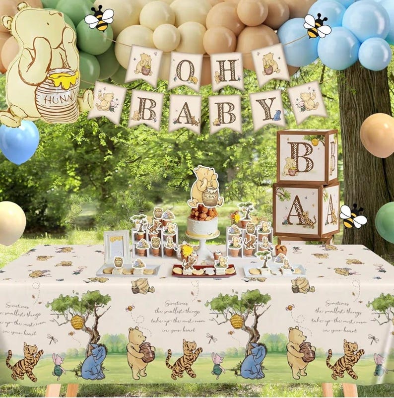 Classic Winnie Bear Baby Shower Decorations, Neutral All-In-One Pooh Baby Shower Balloon Arch Baby Boxes Backdrop Banner Tablecloth …