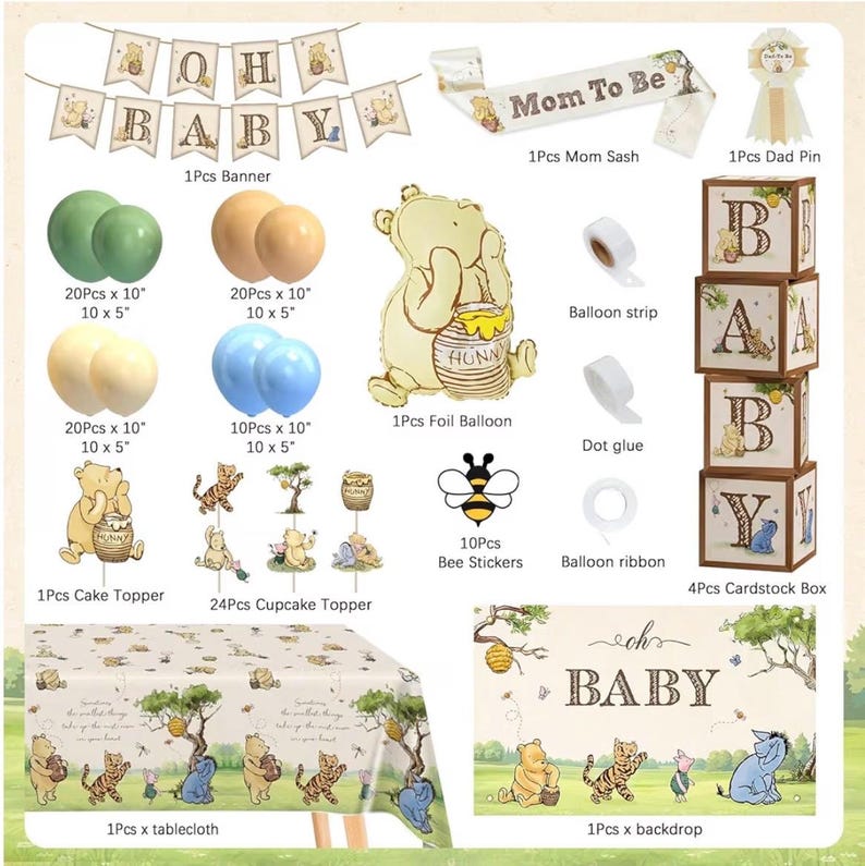 Classic Winnie Bear Baby Shower Decorations, Neutral All-In-One Pooh Baby Shower Balloon Arch Baby Boxes Backdrop Banner Tablecloth …