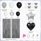 Black Bow Birthday Decorations, Coquette Themed Party Supplies with Light Pearl White Confetti Long Balloons Happy Birthday Banner