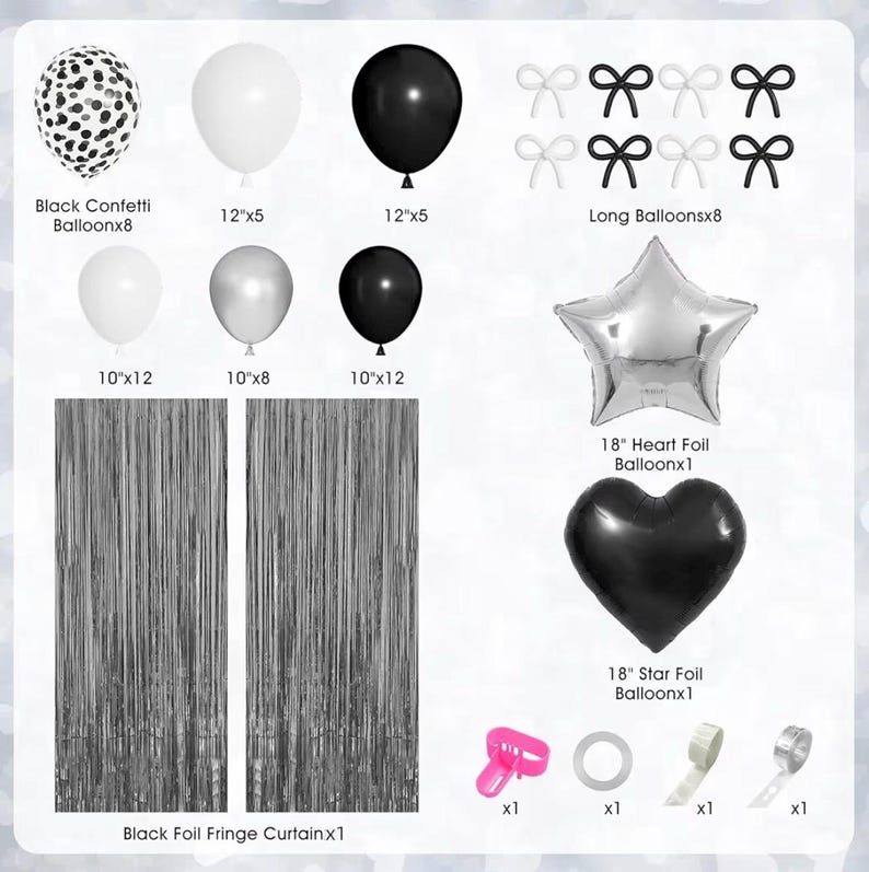 Black Bow Birthday Decorations, Coquette Themed Party Supplies with Light Pearl White Confetti Long Balloons Happy Birthday Banner