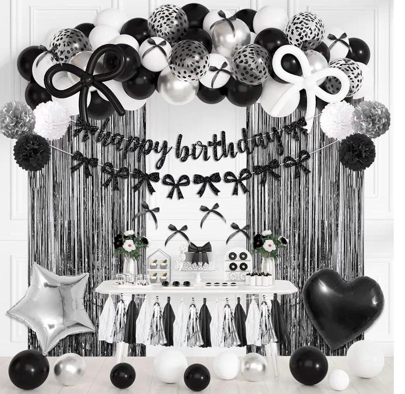 Black Bow Birthday Decorations, Coquette Themed Party Supplies with Light Pearl White Confetti Long Balloons Happy Birthday Banner