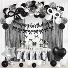 Black Bow Birthday Decorations, Coquette Themed Party Supplies with Light Pearl White Confetti Long Balloons Happy Birthday Banner