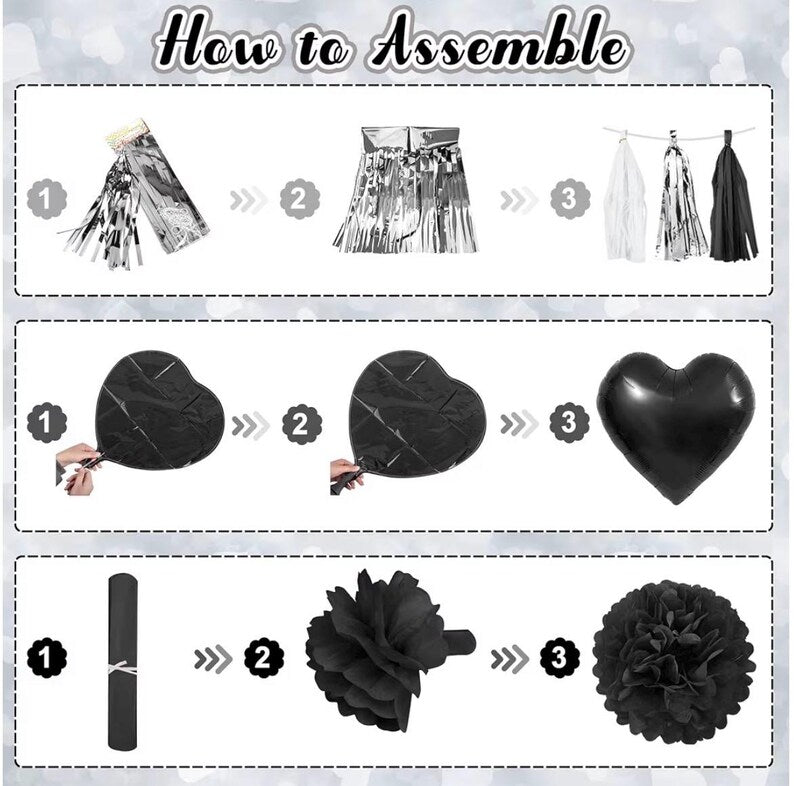 Black Bow Birthday Decorations, Coquette Themed Party Supplies with Light Pearl White Confetti Long Balloons Happy Birthday Banner