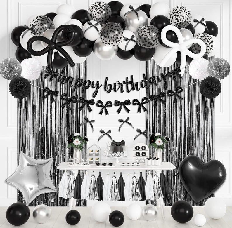 Black Bow Birthday Decorations, Coquette Themed Party Supplies with Light Pearl White Confetti Long Balloons Happy Birthday Banner