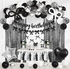 Black Bow Birthday Decorations, Coquette Themed Party Supplies with Light Pearl White Confetti Long Balloons Happy Birthday Banner