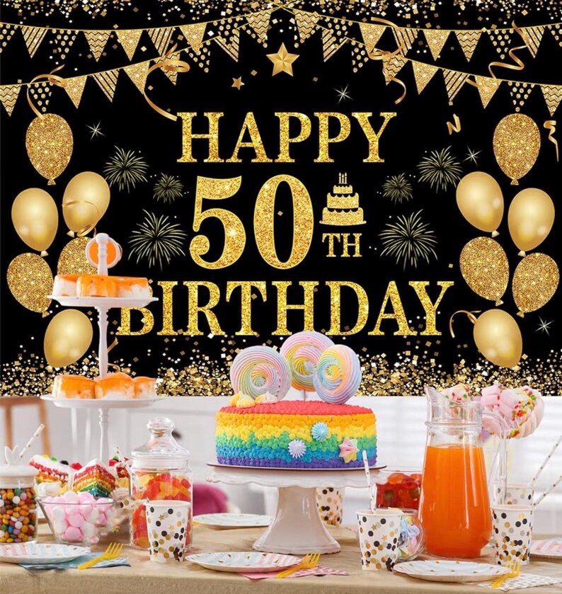 50th Birthday Decorations for Men Women Happy 50th Birthday Banner Party Decorations Black Gold 50 Years Birthday Party Suppiles Background