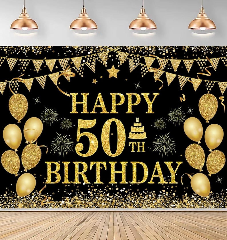 50th Birthday Decorations for Men Women Happy 50th Birthday Banner Party Decorations Black Gold 50 Years Birthday Party Suppiles Background