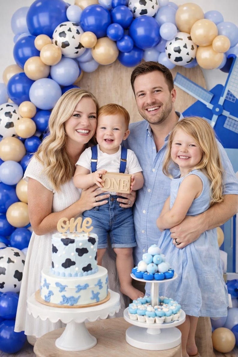 Blue Balloon Garland Kit with Cow Print | Farm Birthday Balloon Arch | Blue Gold Balloon Arch Kit | Baby Boy Party Decorations | Balloon
