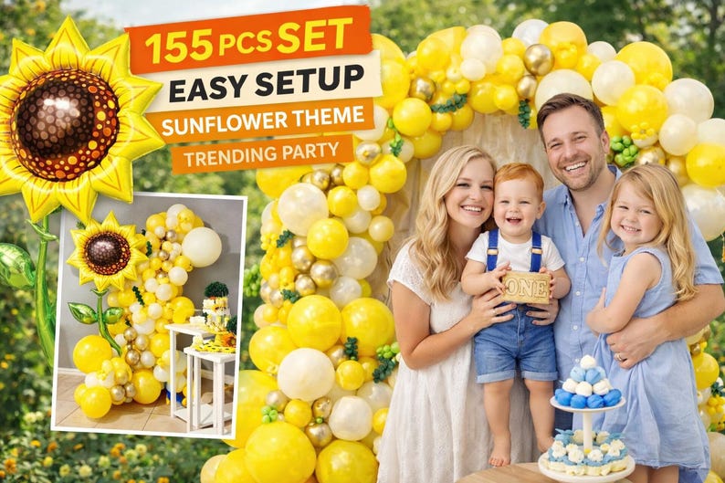 Sunflower Balloon Garland Kit | Yellow Gold Balloon Arch | Daisy Party Decor | Summer Birthday Decorations | Baby Shower Balloon Kit 155 pcs