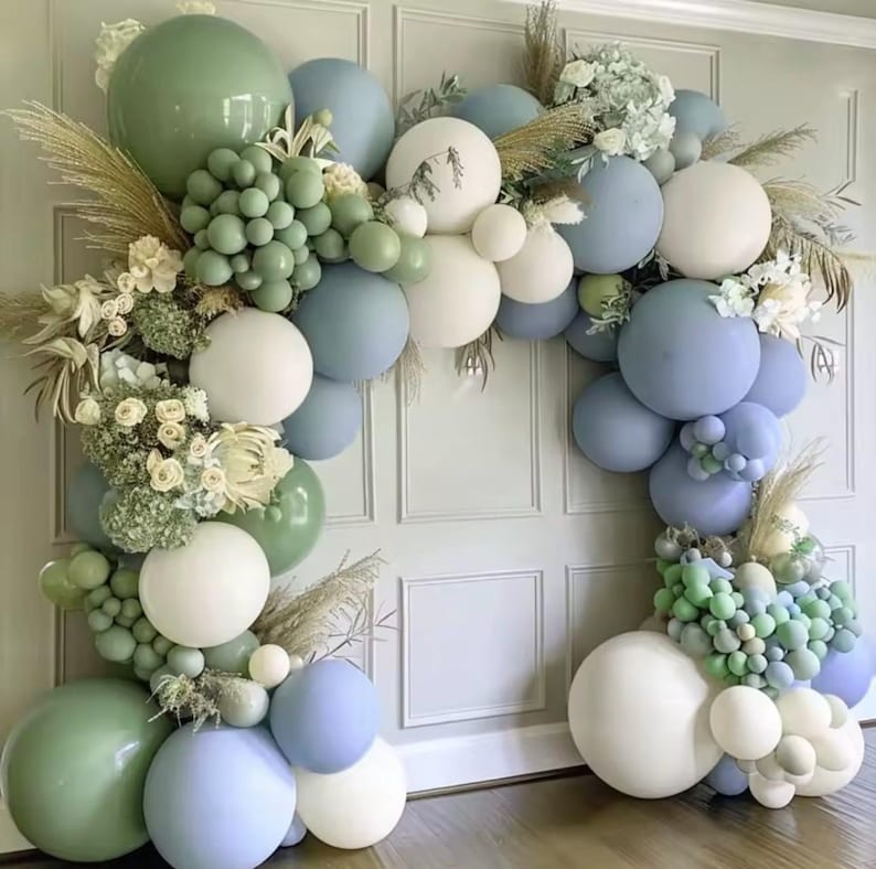103pcs Sage Green Dusty Blue Balloon Garland Arch Kit, with Pastel Green Blue and Sand White Balloons, for Ocean Theme Beach Theme Dinosaur