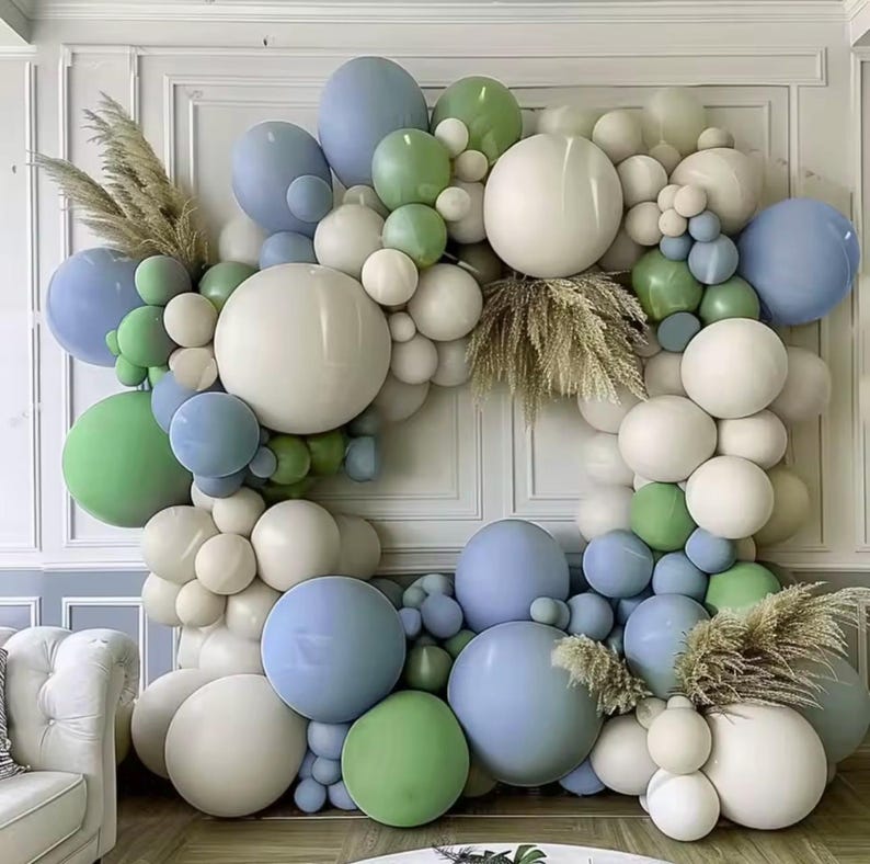 103pcs Sage Green Dusty Blue Balloon Garland Arch Kit, with Pastel Green Blue and Sand White Balloons, for Ocean Theme Beach Theme Dinosaur