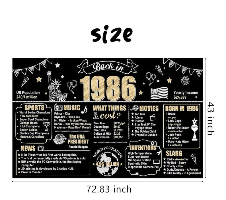 Large 40th Birthday Decorations Back in 1986 Banner Backdrop for Men Women, Happy 40 Birthday Sign Poster Party Supplies, Black Gold Forty